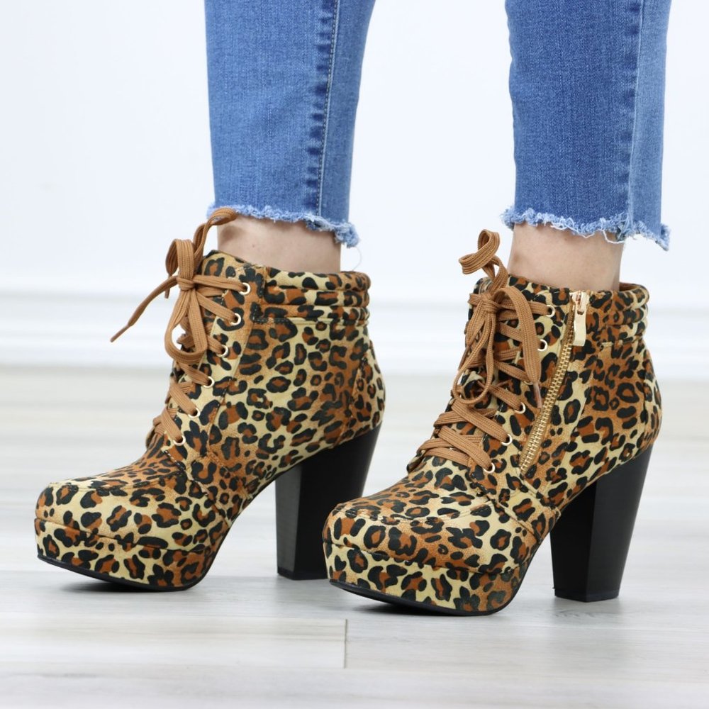 Leopard Platform Ankle Boots High Heel Leopard Faux Suede Lace-Up Block - Picture 12 of 12